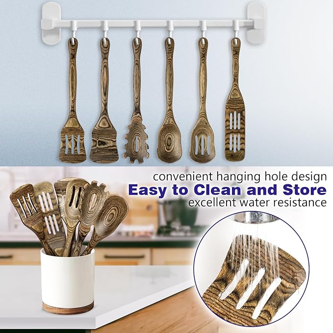 Wooden Spoons for Cooking Pakkawood Kitchen Utensil Set Granite Premium Durable Wooden Utensils for Nonstick Cookware Heat Resistant Smooth Finish Comfortable Grip 6 Piece