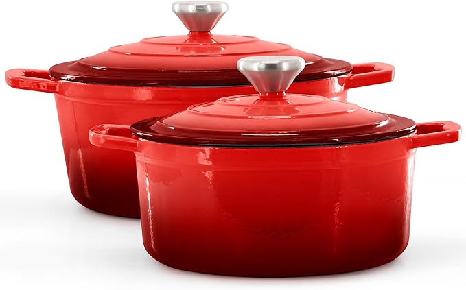 MegaChef 7 Piece Enameled Cast Iron Cookware Set in Red