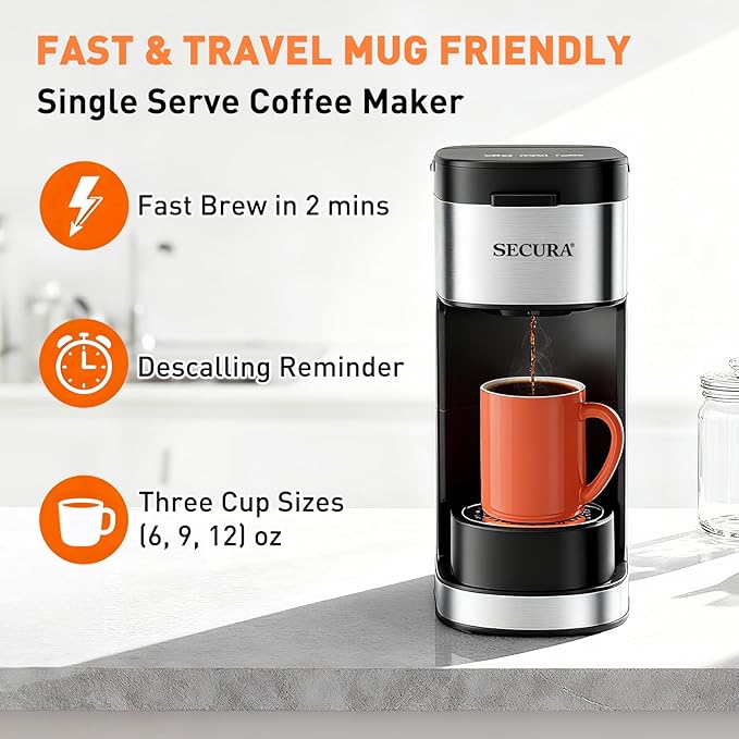 Secura Single Serve Coffee Maker K Cup and Ground 2-In-1 Coffee Maker with 3 Brew Modes Removable Reservoir &amp Drip Tray 6 to 12 Oz Brew Sizes