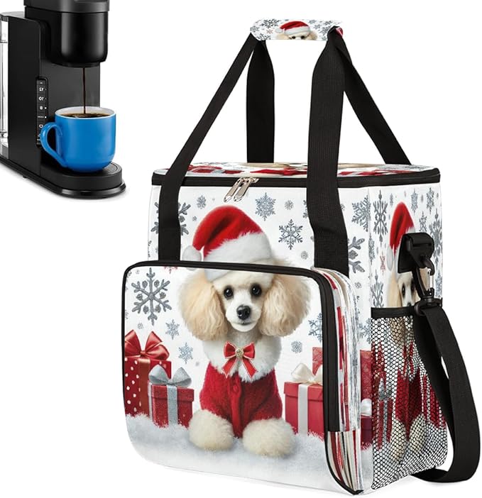 Merry Christmas Dog Snowflake Gift Coffee Maker Carring Bag Travel Carrying Storage Tote Bag Compatible with Keurig K-Mini or K-Mini Plus Portable Single Serve Coffee Brewer Case with Pockets