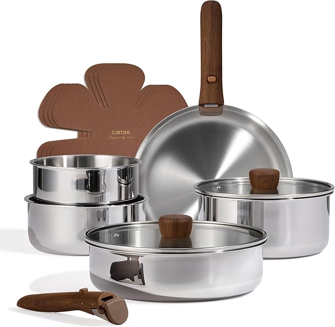 CAROTE 13pcs Tri-Ply Stainless Steel Cookware Set with Detachable Handle Pots and Pans Set Induction Kitchen Cooking Sets RV/Camping Cookware Oven Safe Woodgrain Style