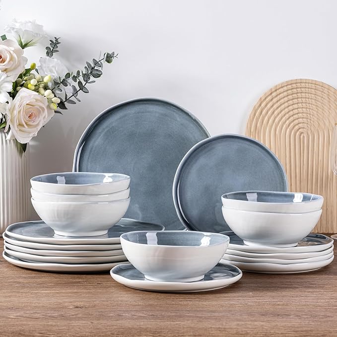 LERATIO Ceramic Dinnerware Sets for 4Porcelain Plates and Bowls Sets with Wavy EdgeMicrowave &amp Dishwasher &amp Oven SafeLight Weight &amp Scratch Resistant Dishes Sets-Service for 4-Jean blue