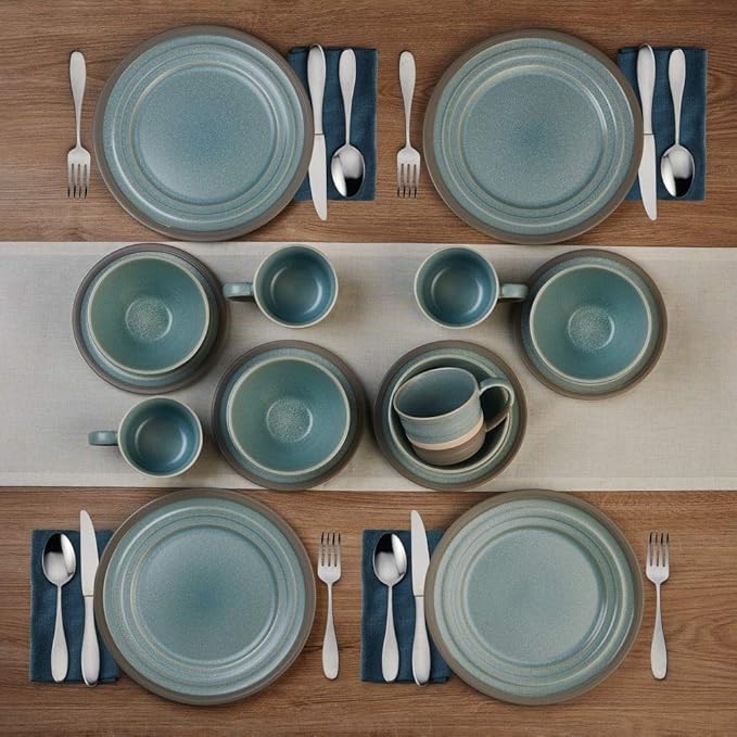 16 Piece Mid-Century Modern Durable Stoneware Dinnerware Set Casual Microwave &amp Dishwasher Safe Colorful Brown Blue Dinnerware Sets for 4 Round Dinner &amp Salad Plates Bowls and Mugs