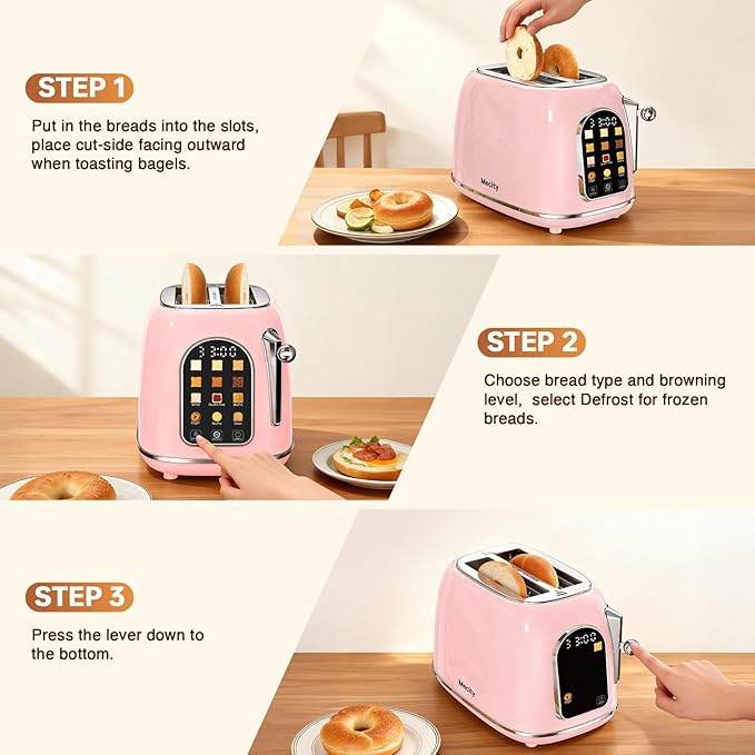 Mecity Toaster 2 Slice Touch Screen Wide Slot Retro Toaster For Breads Bagel Muffin Waffle House Warming Gift New Home 120V 825W Pink Color