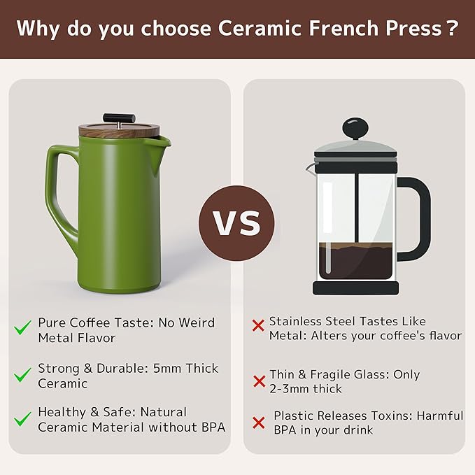 DHPO Ceramic French Press Coffee Maker 22oz Single Serve Coffee Press with Walnut Wood Lid Lead-Free Food Grade Stainless Steel Filter with Dual Screen for Coffee and Loose Tea Green