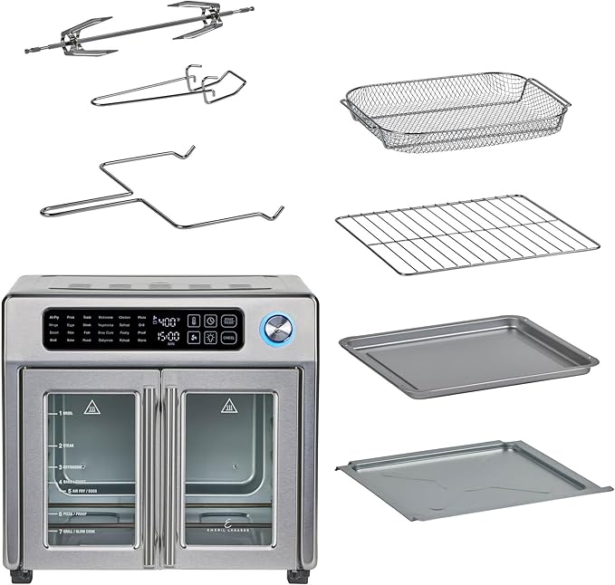 Emeril Lagasse Extra Large French Door Air Fryer Toaster Oven Combo 24 Cooking Functions and Digital Controls 7 Accessories Included Stainless Steel Finish 26QT Capacity