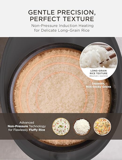 CUCKOO Non-Pressure Rice Cooker 8-Cup Uncooked / 16-Cup Cooked with Induction Heating Technology Versatile Rice Maker with 12 Menu Options and Steam Plate Voice Guide Gray (CR-HA0810FG)