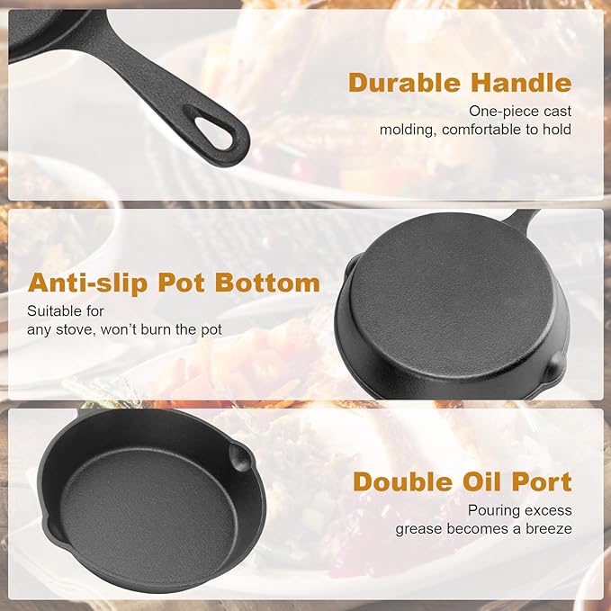 Nonstick Frying Pan Set - 3 Pcs Cast Iron Cooking Pans Dishwasher Safe Prevents Sticking Multifunctional Egg Pan with Longer Handle for All Stove Types