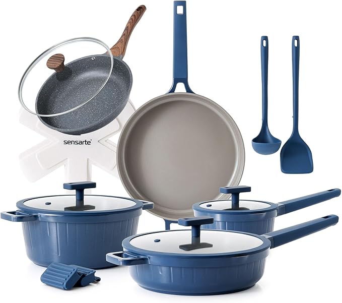 SENSARTE 15 Piece Nonstick Cookware Set includes 11 Inch Omelet Pan with Lid Induction Compatible Frying Pan Skillet