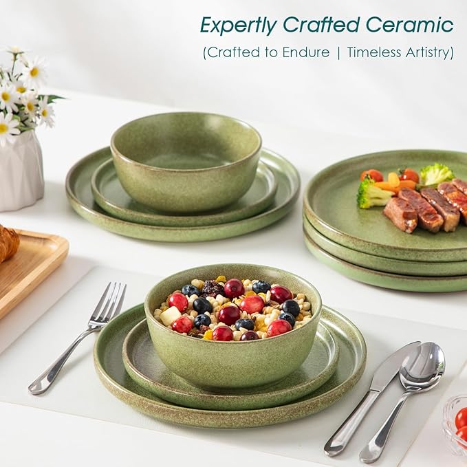 vancasso ZERMATT Stoneware Plates and Bowls Sets for 6 18 Pieces Dinnerware Set for Kitchen Chip Resistant Reactive Glaze Dishes Dishwasher &amp Microwave Safe Green