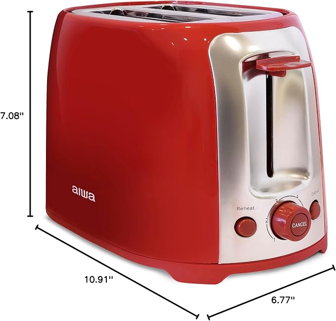 Aiwa Toaster 2 Slice Wide Slot Reheat and Defrost Function 6 Browning Settings Drop Down Crumb Tray Red