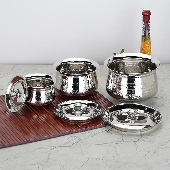 Stainless Steel Hammered Handdi Set with Lid Silver 3 Piece Set 460ml 950ml &amp 1700ml Handcrafted Kitchen Cookware