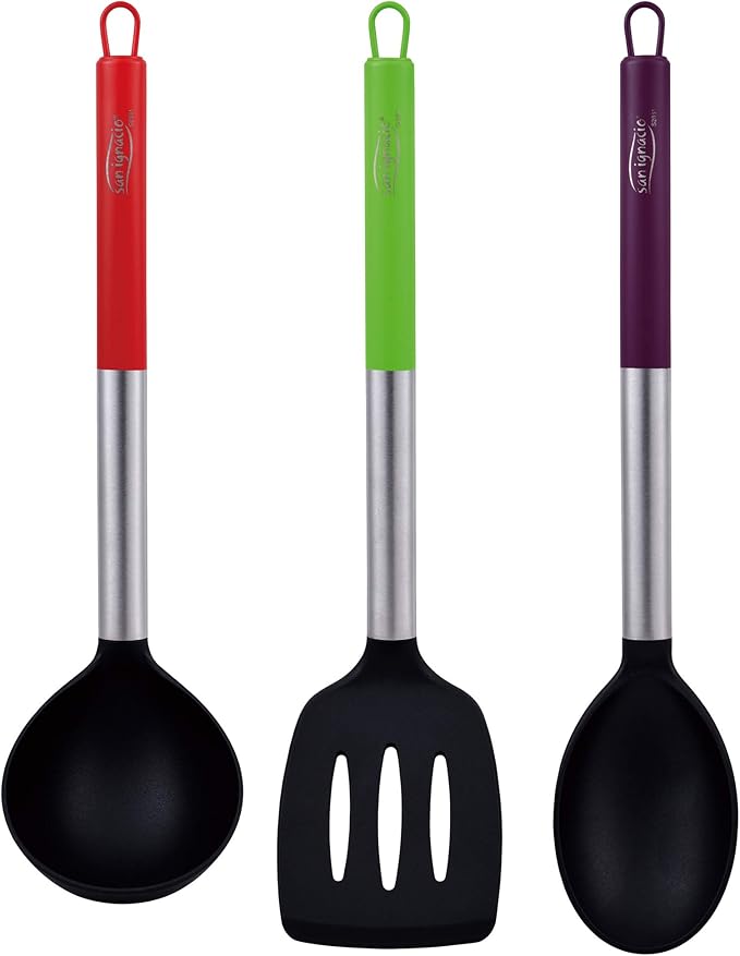 Set 3pc Frying Pan (20+24+28cm) Green Pressed Aluminium with Set 3pc Nylon Kitchen Utensils with Set 4pc Stainless Steel Knives with Tacoma/Block