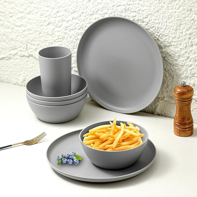 24-Piece Dinnerware Set Service for 8 Unbreakable Plates and Bowls Set BPA-Free Dishwasher Safe Gray Tableware for Kitchen Party and Picnic