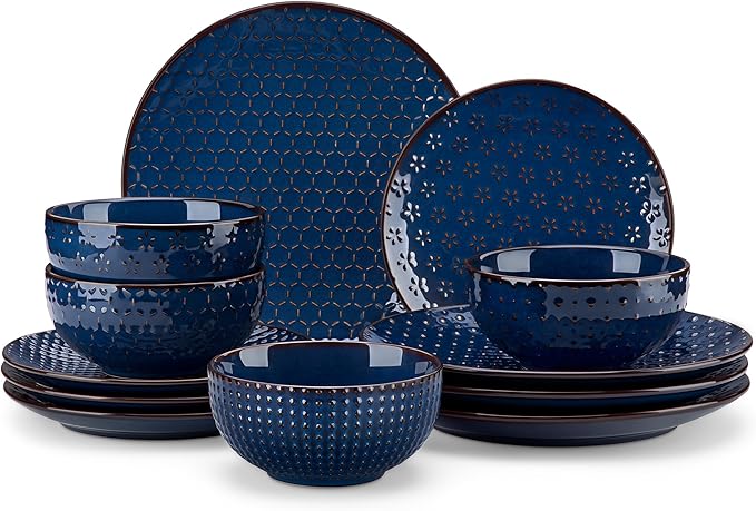 MALACASA 12 Pieces Dinnerware Sets Modern Plates and Bowls Sets Blue Dish Set for 4 Kitchen Ceramic Dinner Plates Dishware Set Microwave and Dishwasher Safe Series LYDIA