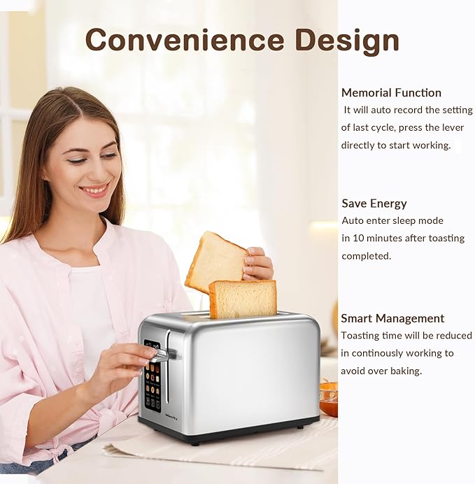 Mecity 2 Slice Toaster Touch Screen 1.5 Wide Slot Stainless Steel Smart Bread Toaster for Bagel Muffin Waffle Gluten Free Breads Timer Defrost Reheat 120V 825W