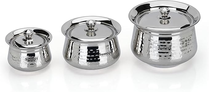 Sumeet Stainless Steel Handcrafted Hammered Texture Handi Set with Lid for Kitchen Set of 3 460ml 950ml &amp 1700ml Silver