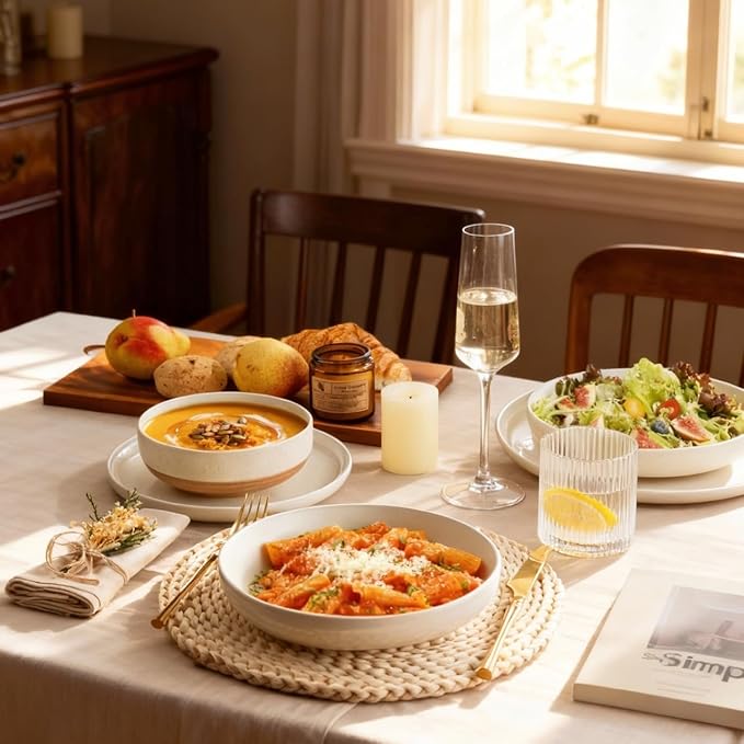 AmorArc Ceramic Dinnerware Sets with Pasta Bowls for 8 Handpainted Plates and Bowls Set with Rustic Terracotta Underside Scratch Resistant Dishes Set Dishwasher &amp Microwave Safe 32 Pcs