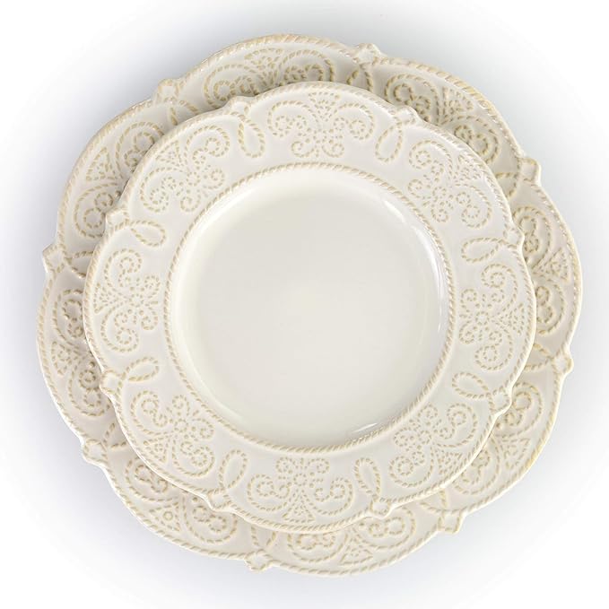 6-Piece Stoneware Dinnerware Set – Textured Plates Bowls &amp Mugs with Elegant High-Gloss Finish (White)