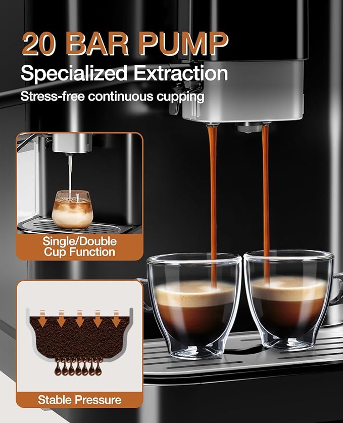 Fully Automatic Espresso Machine With Milk Frother Coffee Machine With Grinder15 Adjustable Grind Levels20 Bar Latte Machine 1.5L Water Tank TFT Touch Screen for Cappuccino Americano