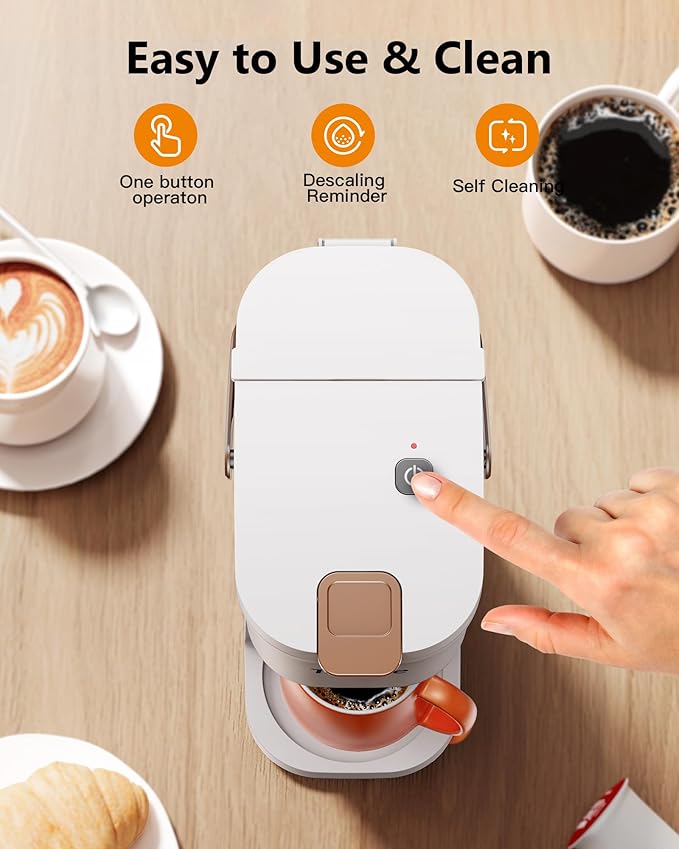 Single Serve One Cup Coffee Maker for K Cups and Grounds Mini Coffee Maker with Portable Handle 6 to 12 Oz Brew Size for Travel Camping Office RV and Dorm 120V White and Brown