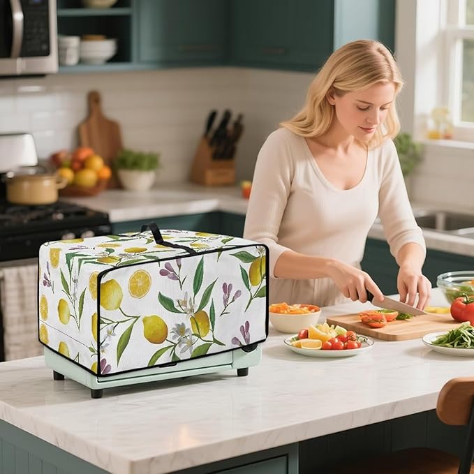 Heat-Resistant Toaster Oven Cover Faux Linen Polyester Appliances Dust Cover for Convection Toaster Oven Air Fryer with Top Handle Side Pockets Fruit Lemon