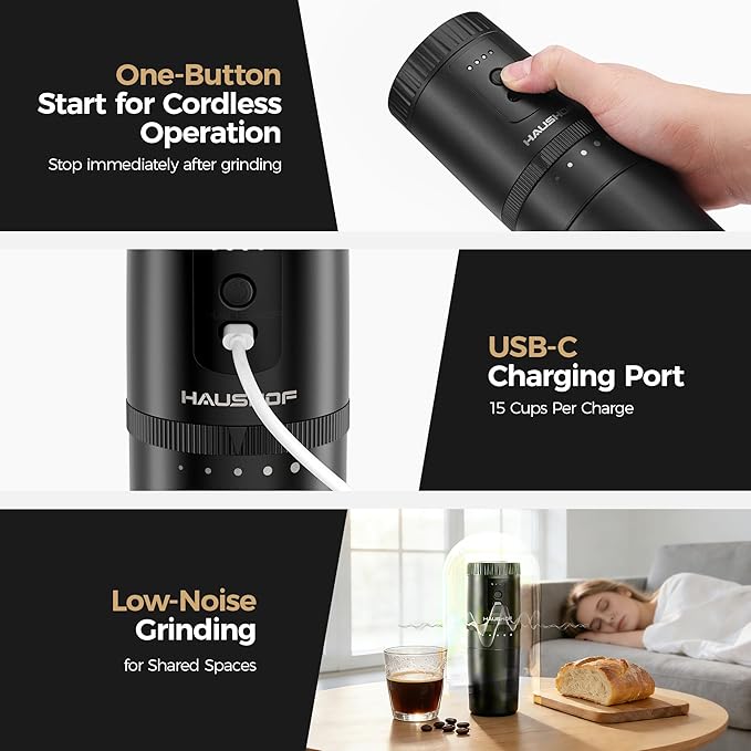 HAUSHOF Portable Coffee Maker Camping Coffee Makers Travel Mini Coffee Maker Portable Travel Coffee Maker with Grinder Personal Cordless Travel Coffee Maker for Car Camping and Home