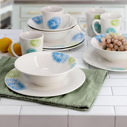 12-Piece Ceramic Dinnerware Set for 4 – White Round Plates Bowls &amp Mugs with Green Loops – Microwave &amp Dishwasher Safe Tableware Set (Colored)