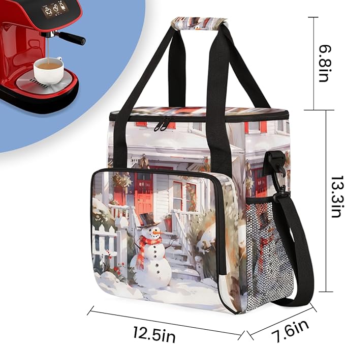 Xmas Snowman Coffee Maker Carrying Bag Graffiti Snowman Travel Storage Bag Compatible with K-Mini or K-Mini Plus Single Serve Coffee Brewer Carrying Case with Multiple Pockets &amp Shoulder Strap