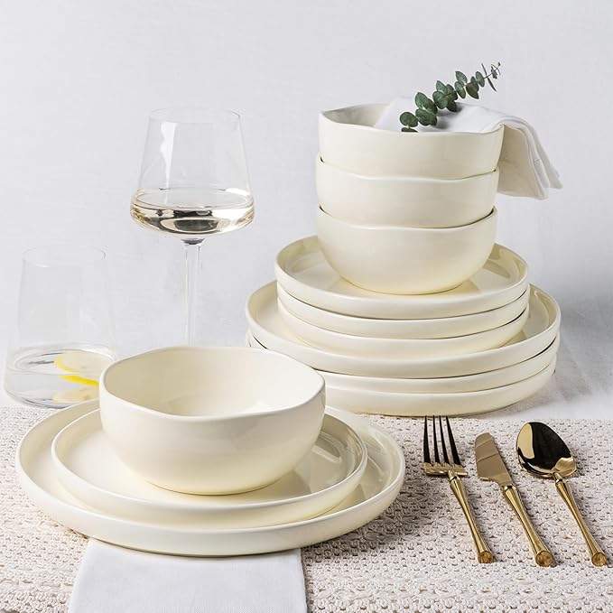 TheTerra Ceramic Dinnerware Sets for 4 12 Pieces Porcelain Lightweight Plates and Bowls Sets Scratch Resistant Dish Set Oven &amp Microwave &amp Dishwasher Safe Beige