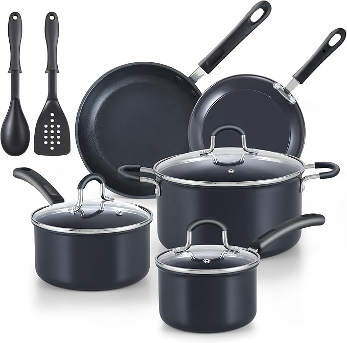 Cook N Home Professional Hard Anodized Nonstick Pots and Pans 10-Piece Cookware Set with Stay-Cool Handles Black