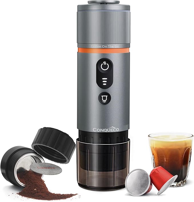 CONQUECO Self-Heating Portable Espresso Machine: Travel Coffee Maker with 13500mAh Battery - 12v Small Electric Fast Heating - Set for Ground Coffee &amp NS Capsule for RV Car Hiking Office Campi