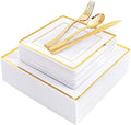 WDF 125pcs Gold Plastic Plates Set - Fall Plastic Plates Gold Rimmed Dinner &amp Salad Plate Silverware (25 Forks Knives Spoons) for Wedding Baby Shower Spring Birthday