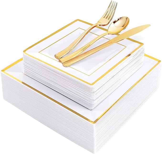 WDF 125pcs Gold Plastic Plates Set - Fall Plastic Plates Gold Rimmed Dinner &amp Salad Plate Silverware (25 Forks Knives Spoons) for Wedding Baby Shower Spring Birthday