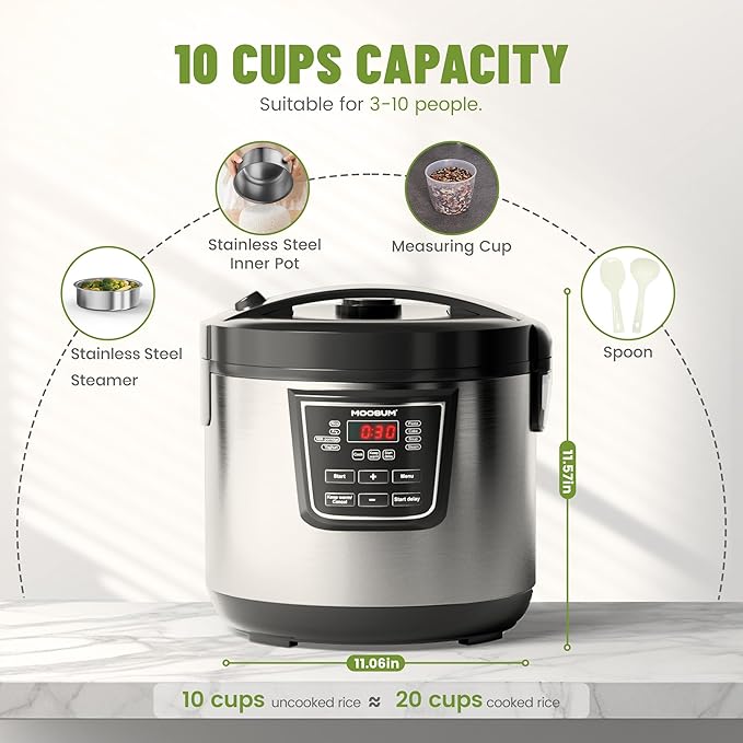 20 Cup Cooked (10 cup uncooked) Rice Cooker with 8 Functions Healthy Cooking Stainless Steel Pot &amp Steamer Removable Inner Cover Silver