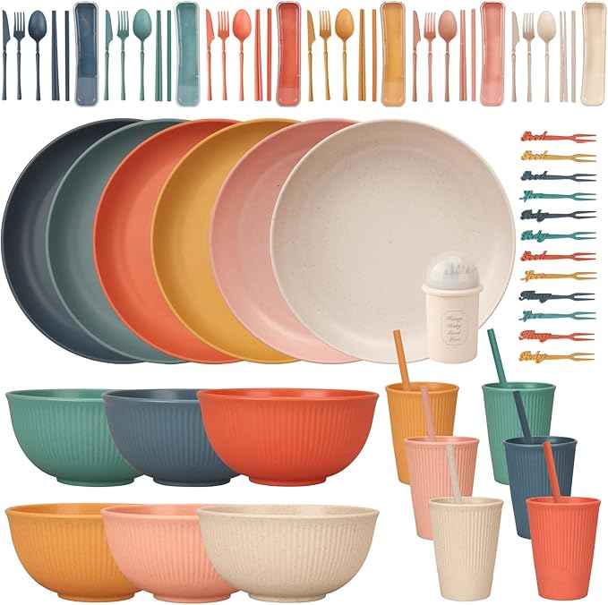 66 Pcs Dinnerware Sets Unbreakable Plates and Bowls Sets Reusable Dinnerware Sets for 6 People Travel Camping Picnic Home Party Cutlery Set Dishwasher Microwave Safe Dishes