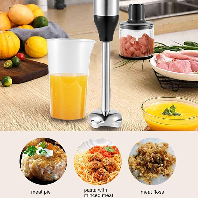 4 In 1 Immersion Blender Electric Chopper with Meat Grinder and Veggie Chopper Emulsion Blender with Chopper Egg Whisk Attachment Milk Frother 700ml Mixing Beaker
