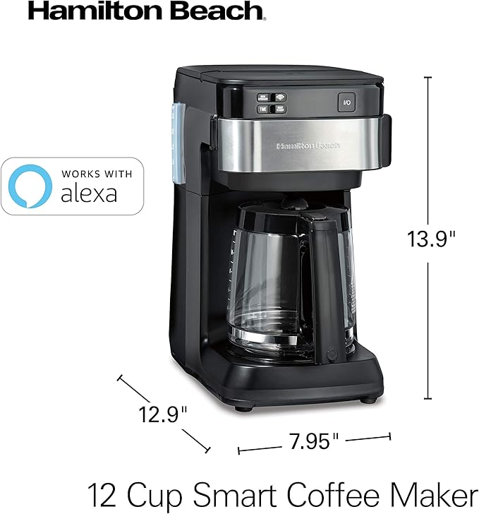 Hamilton Beach Works with Alexa Smart Coffee Maker Programmable 12 Cup Capacity Black and Stainless Steel (49350R)