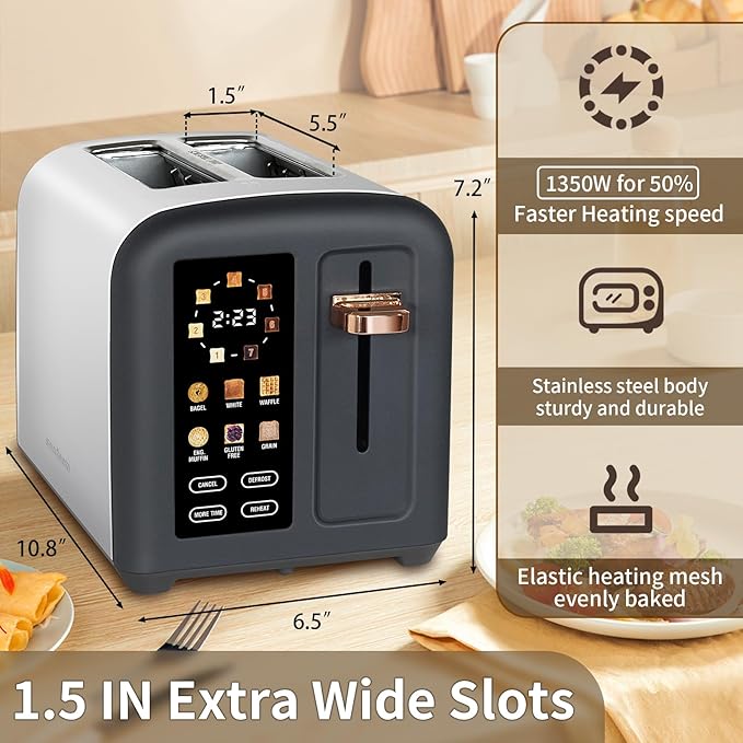 SEEDEEM Toaster 2 Slice Full Touch Control Stainless Toaster LCD Display 50% Faster Heating Speed 6 Bread Type 7 Shade Setting 1.5''Wide Slots Removable Crumb Tray 1350W Dark Chocolate