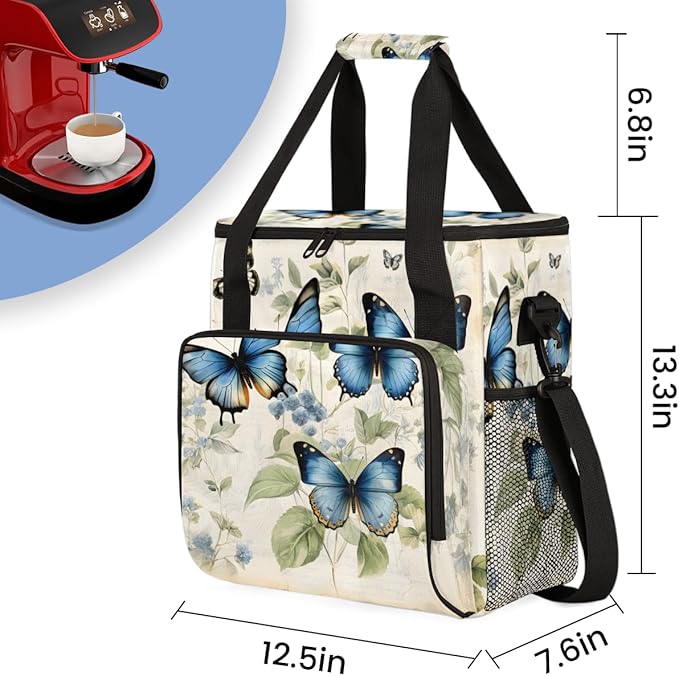 Colorful Butterfly Coffee Maker Carrying Bag Retro Butterfly Travel Storage Bag Compatible with K-Mini or K-Mini Plus Single Serve Coffee Brewer Carrying Case with Multiple Pockets &amp Shoulder St