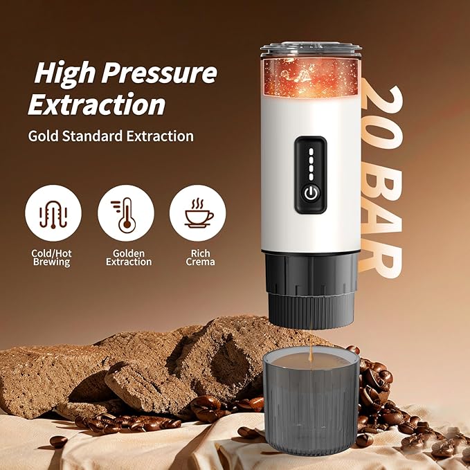 Portable Espresso Maker with Stainless Steel Body | 7500mAh Rechargeable Battery | 20 Bar Self-Heating with USB-C | Works with Most Capsules Compatible for Camping Travel Outdoor (White)