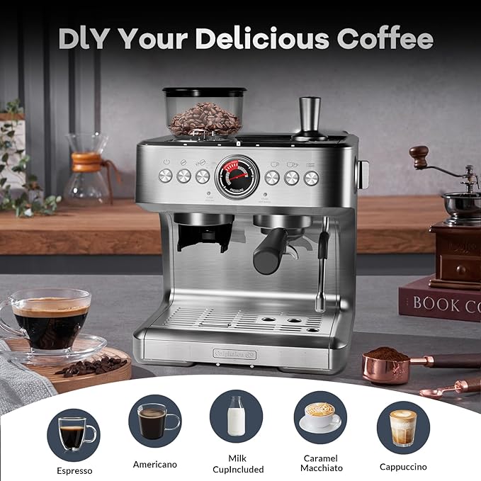 Espresso Coffee Machine with Built-in Coffee Grinder 20 Bar Pressure Professional Coffee Maker 15 Precise Grind Settings with Steam Wand Cappuccino or Latte 2.8L Water Tank
