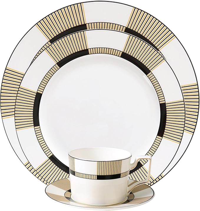 Bone China Dinnerware Set for 2 8 Pieces Premium Black Gold Striped Dinner Plate with Teacup and Saucer Luxury Plate Set for Brunch Wedding Housewarming and Special Occasions