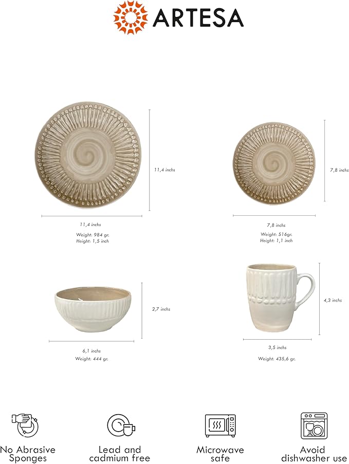 Artesa Color Full Macao Taupei Ceramic Dinnerware Handmade Set 4-Piece Beige Sunburst Pattern 11.4 inch Dinner Plates 7.8 inch Salad Plates Bowls and Cups Microwave Safe