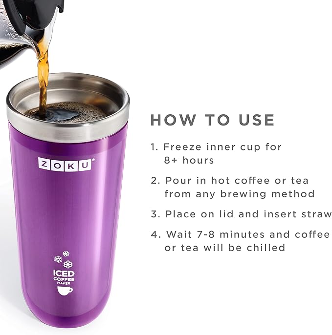 ZOKU Instant Iced Coffee Maker Reusable Beverage Chiller Cools Hot Beverages in Minutes Without Dilution Portable 11-ounce Tumbler With Spill-resistant Lid and Straw Purple