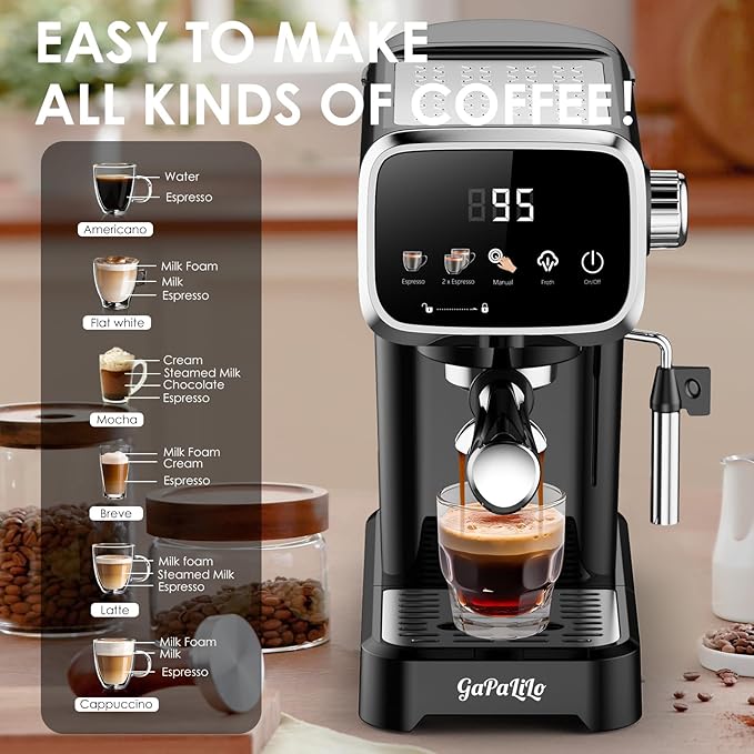 Slim Design 20 Bar Espresso Machine with Milk FrotherSecure Child Lock Digital Temperature Display &amp 43oz Removable Tank Compact Home Coffee MakerBlack
