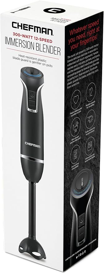 Chefman Immersion Blender 300-Watt Turbo 12 Speed Stick Hand Blender Powerful Ice Crushing Design Purees Smoothies Sauces &amp Soups Detachable Heat Resistant Plastic Blade Guard Protects Pots Bl