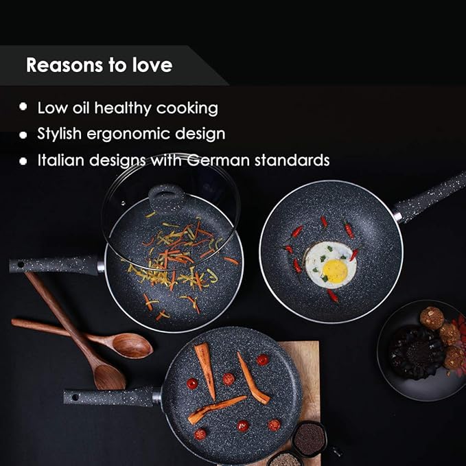 Wonderchef Granite Nonstick 4 Piece Cookware Set(Frying Pan with Lid Wok Dosa Tawa) Induction Bottom Soft-Touch Handles Pure Grade Aluminium PFOA 3.5mm 2 Years Standard Grey
