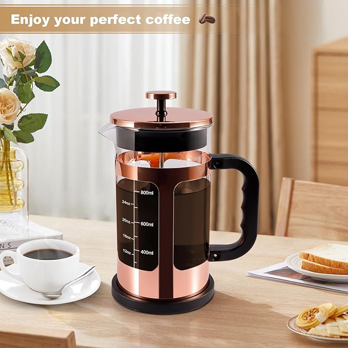 French Press Coffee Tea Maker Upgrade Heat Cold Resistant Thickened Glass with 4 Level Stainless Steel Filtration System Brew Coffee &amp Tea BPA Free Large 1000ml 34oz Rose Gold