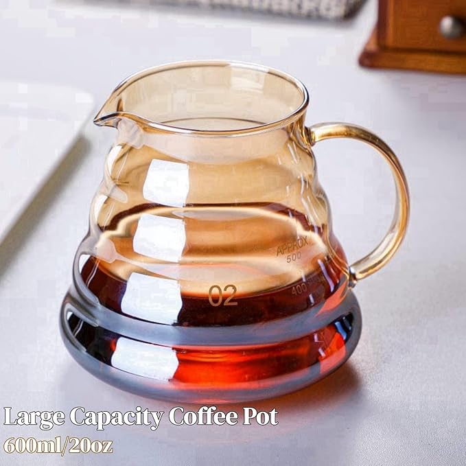 Pour Over Coffee Maker Set 20 oz 600 ml Borosilicate Glass Coffee Server with Glass Lid 50 pcs Paper Filter Walnut Handle Pour Over Coffee Dripper for Home Café Restaurant Gold